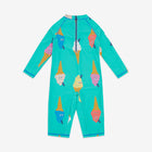 UV Protective Surf Suit Green Ice Cream: A teal surf suit with long sleeves and a repeating pattern of colourful cartoon ice creams.